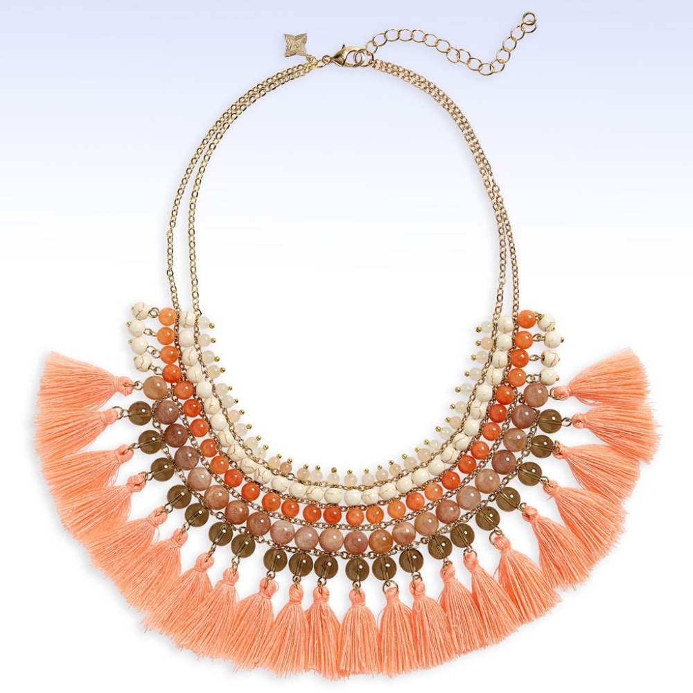 PANACEA Gold-Tone Stacked Howlite & Agate Stone Beaded Tassel Bib Necklace